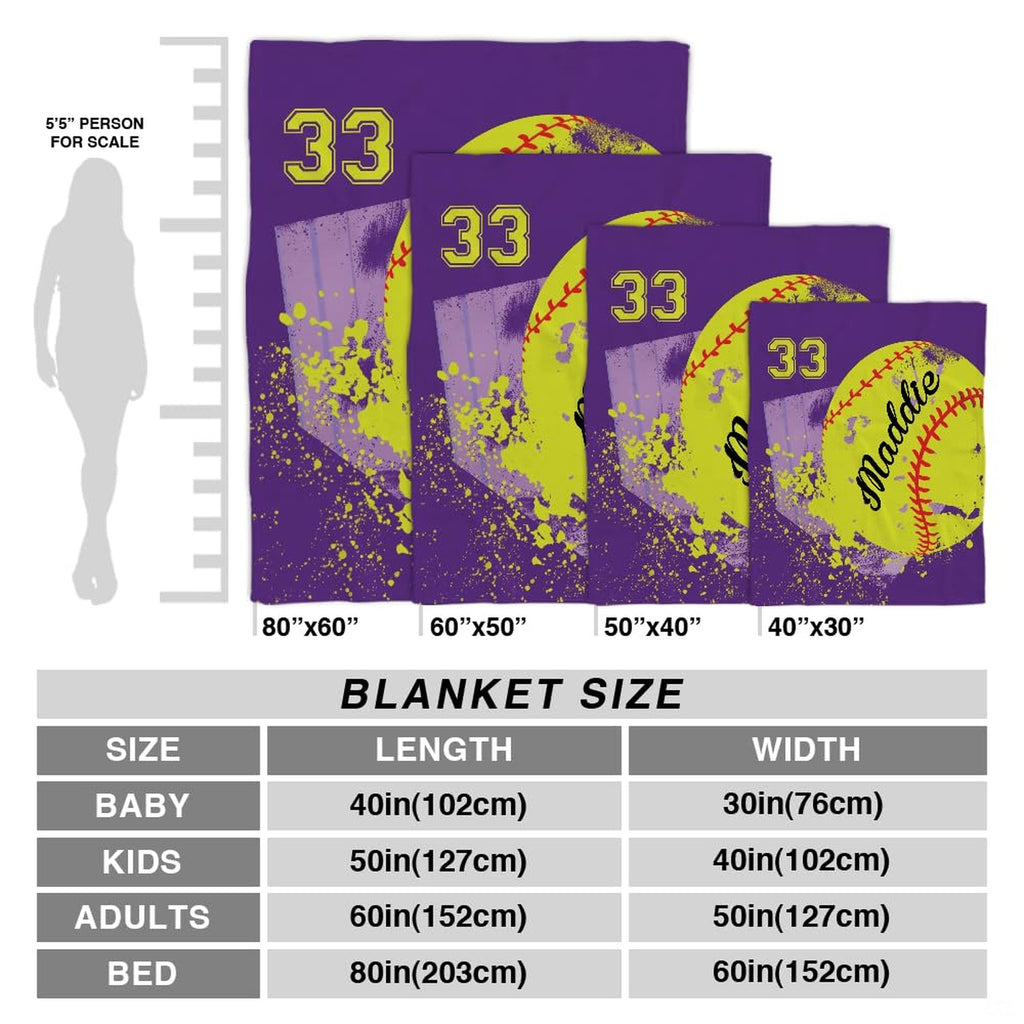 Size guide display showing multiple dimension choices for the purple softball throw blanket