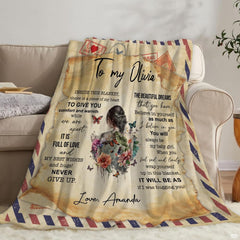 Sentimental daughter throw blanket view 6 highlighting airmail border, garden flowers, and calligraphy