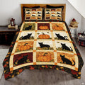 Charcoal slate and pumpkin autumn leaf bedding set featuring harvest pumpkins and foliage in bold patchwork tiles.