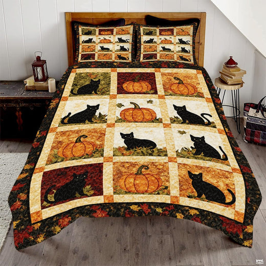 Charcoal slate and pumpkin autumn leaf bedding set featuring harvest pumpkins and foliage in bold patchwork tiles.