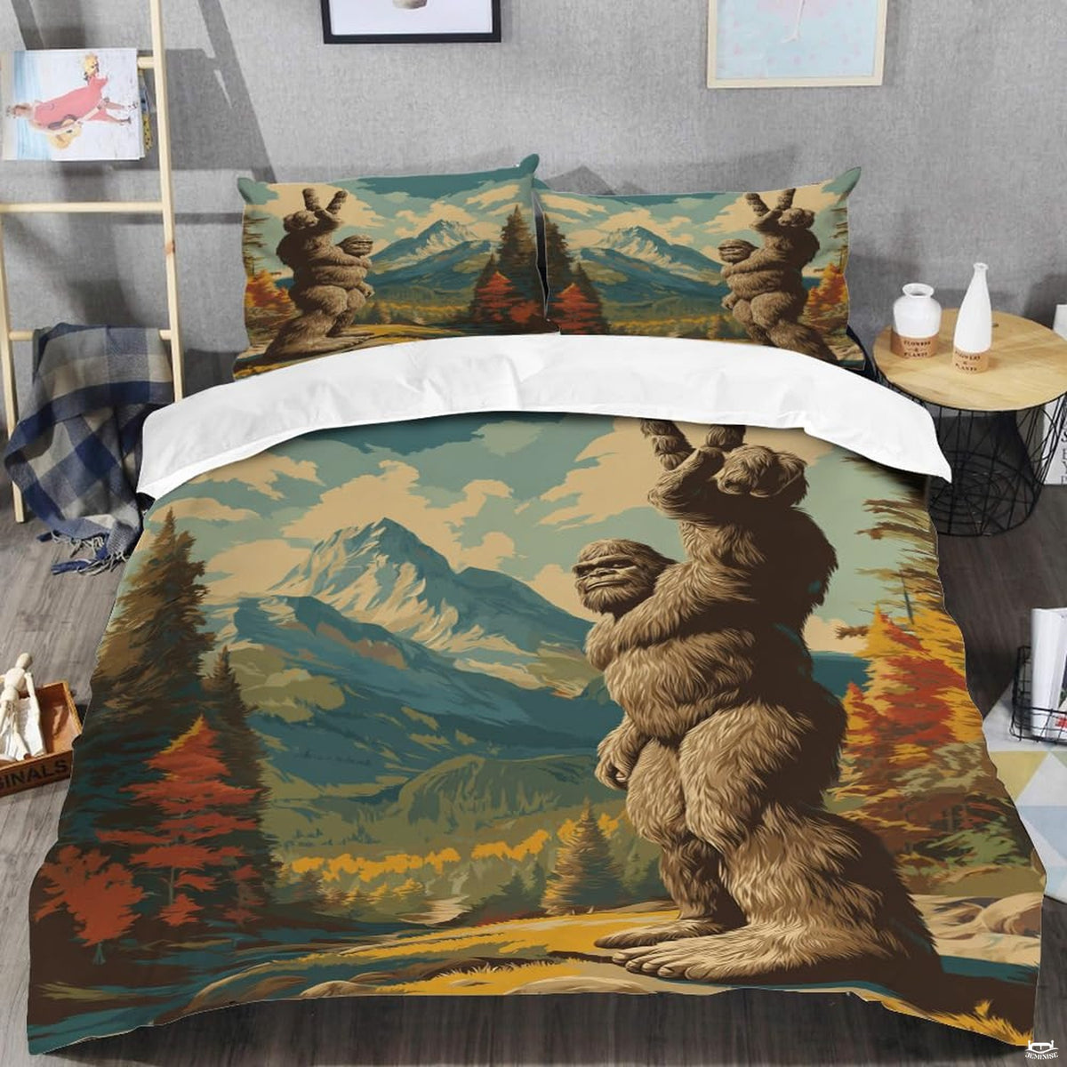 Top angle perspective of bigfoot silhouette bedding showing detailed striped teal rings and pine tree accents.