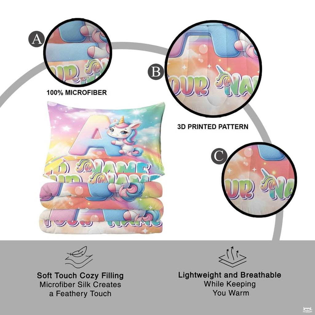 Overhead perspective of unicorn bedding arranged neatly across a mattress with cheerful room decor
