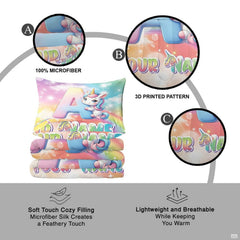 Overhead perspective of unicorn bedding arranged neatly across a mattress with cheerful room decor