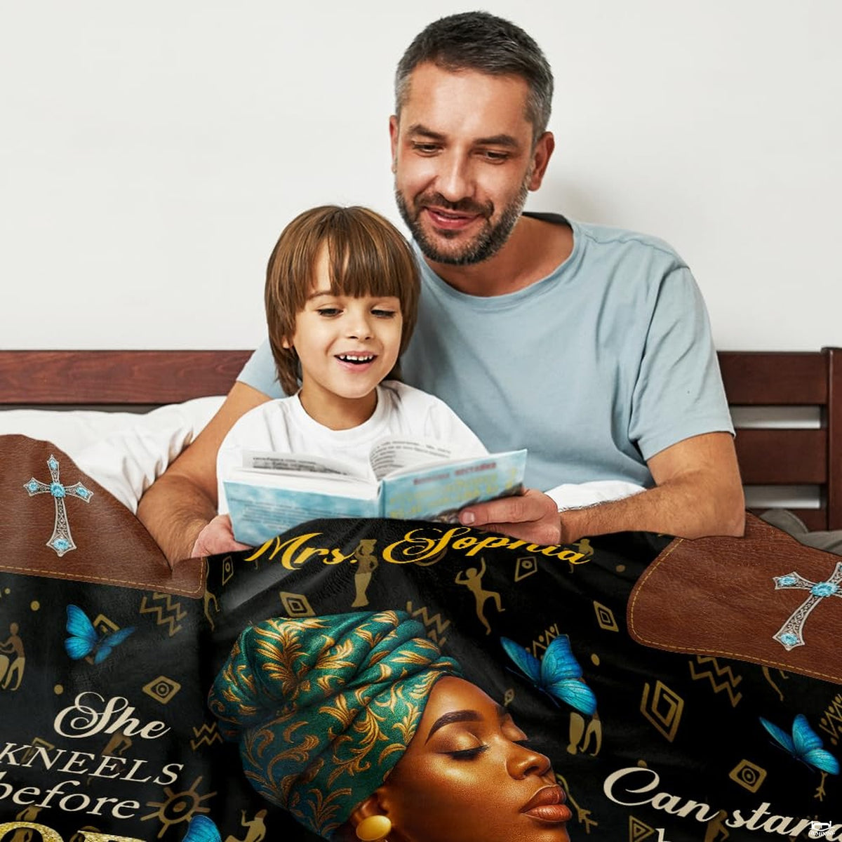 Faith themed art throw blanket draped across a living room couch.