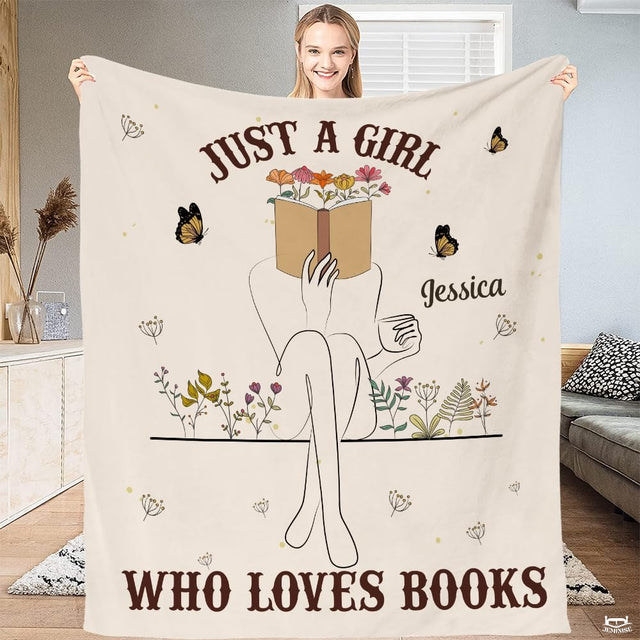 Personalized Floral Line-Art Girl Reading Blanket Throw - Book Lover