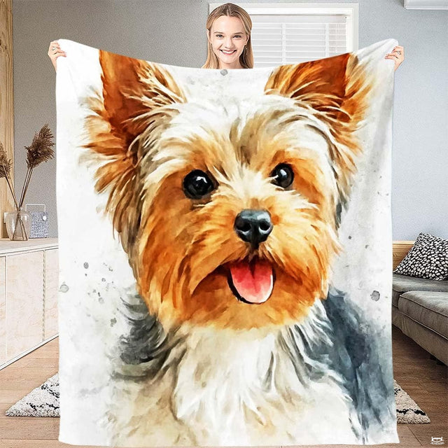 Watercolor Yorkshire Terrier dog portrait throw blanket showcasing a smiling panting Yorkie face on white background