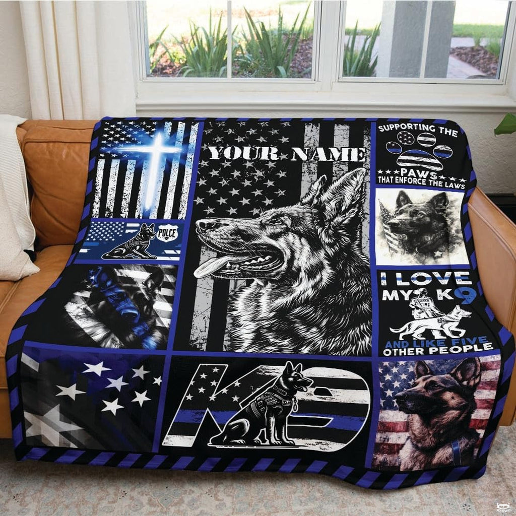 Artistic collage featuring German Shepherd graphics and patriotic thin blue line motifs.