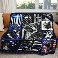 Artistic collage featuring German Shepherd graphics and patriotic thin blue line motifs.