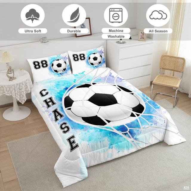 Close-up perspective of watercolor soccer bedding showing graphic ball panels and netting details