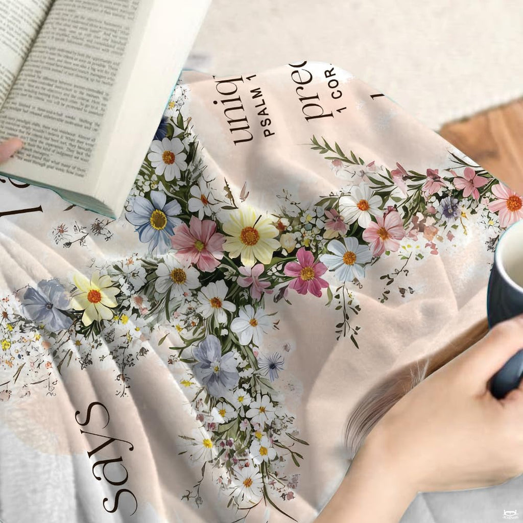 Wildflower floral cross god says I am scripture blanket showing botanical cross view 3