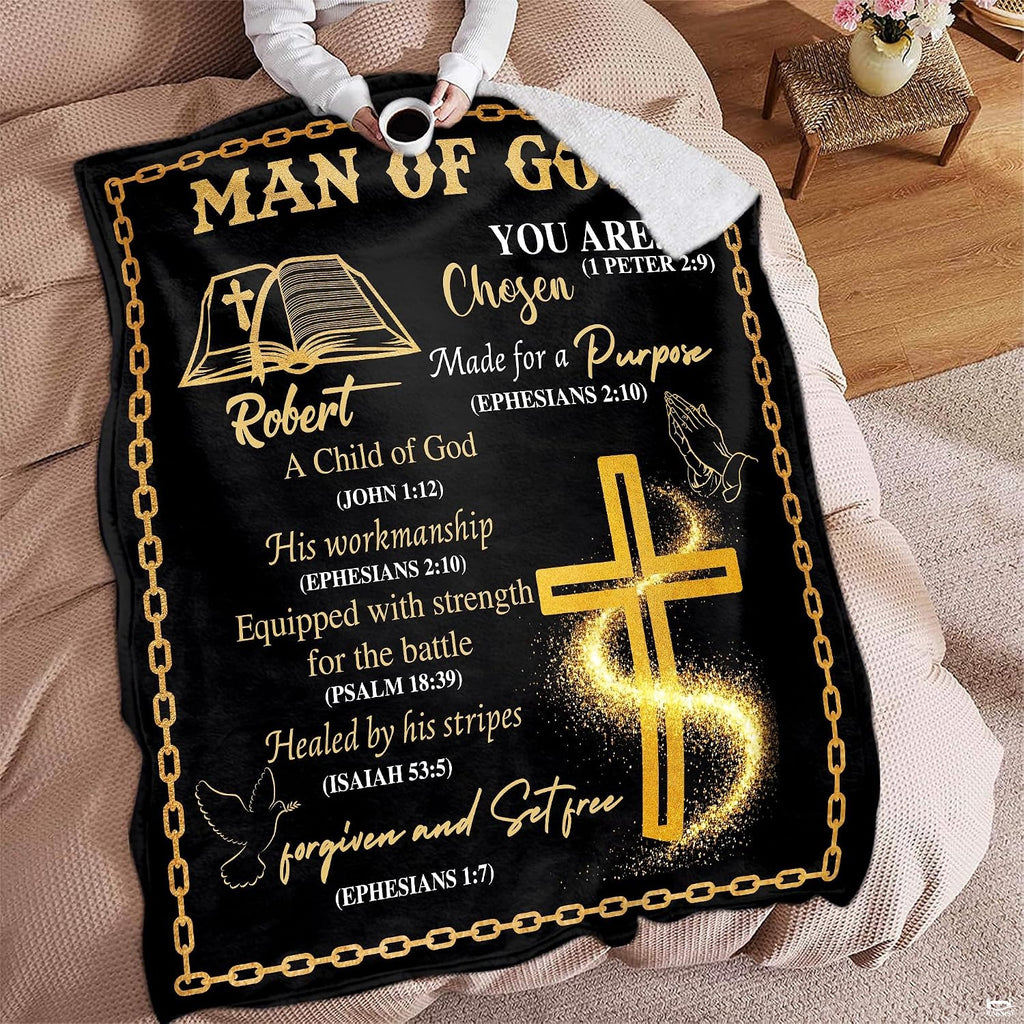 Devotional Christian faith throw blanket styled over a sofa beside quiet prayer space decor.