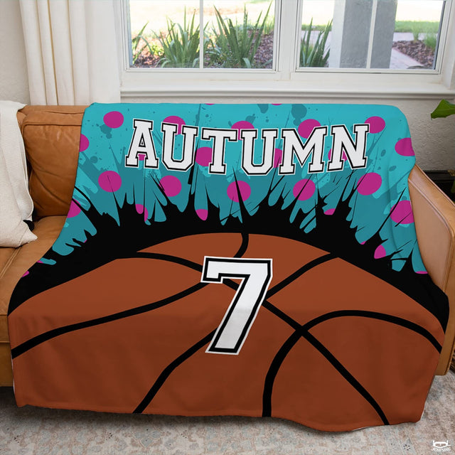Personalized Basketball Splattered Background Blanket with Name and Number