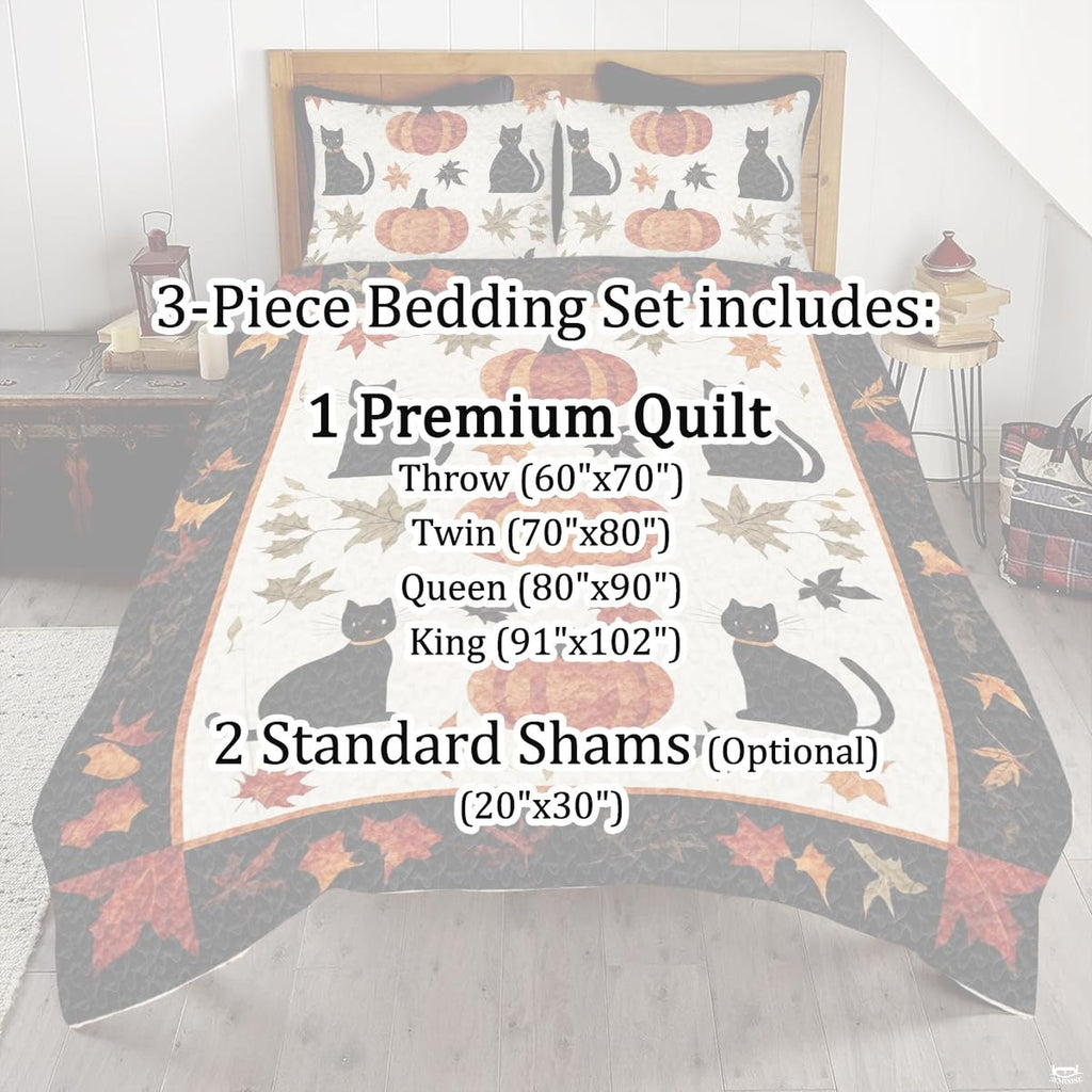Pillow thematic accent displaying falling foliage and pumpkin illustrations matching autumn bedding.