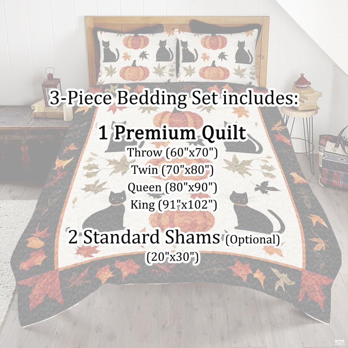 Pillow thematic accent displaying falling foliage and pumpkin illustrations matching autumn bedding.