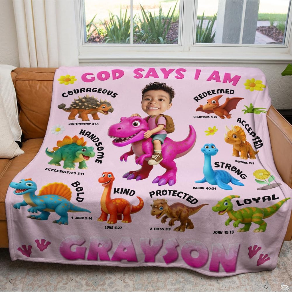 Top view of Christian dinosaur affirmation throw blanket showing full cartoon dinosaur layout