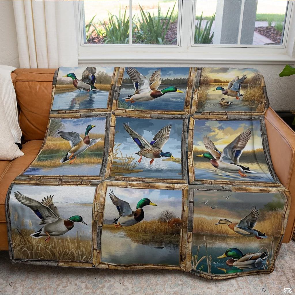 Mallard duck grid throw blanket view 4 highlighting nine wood-framed panels, waterfowl action, and lake scenes