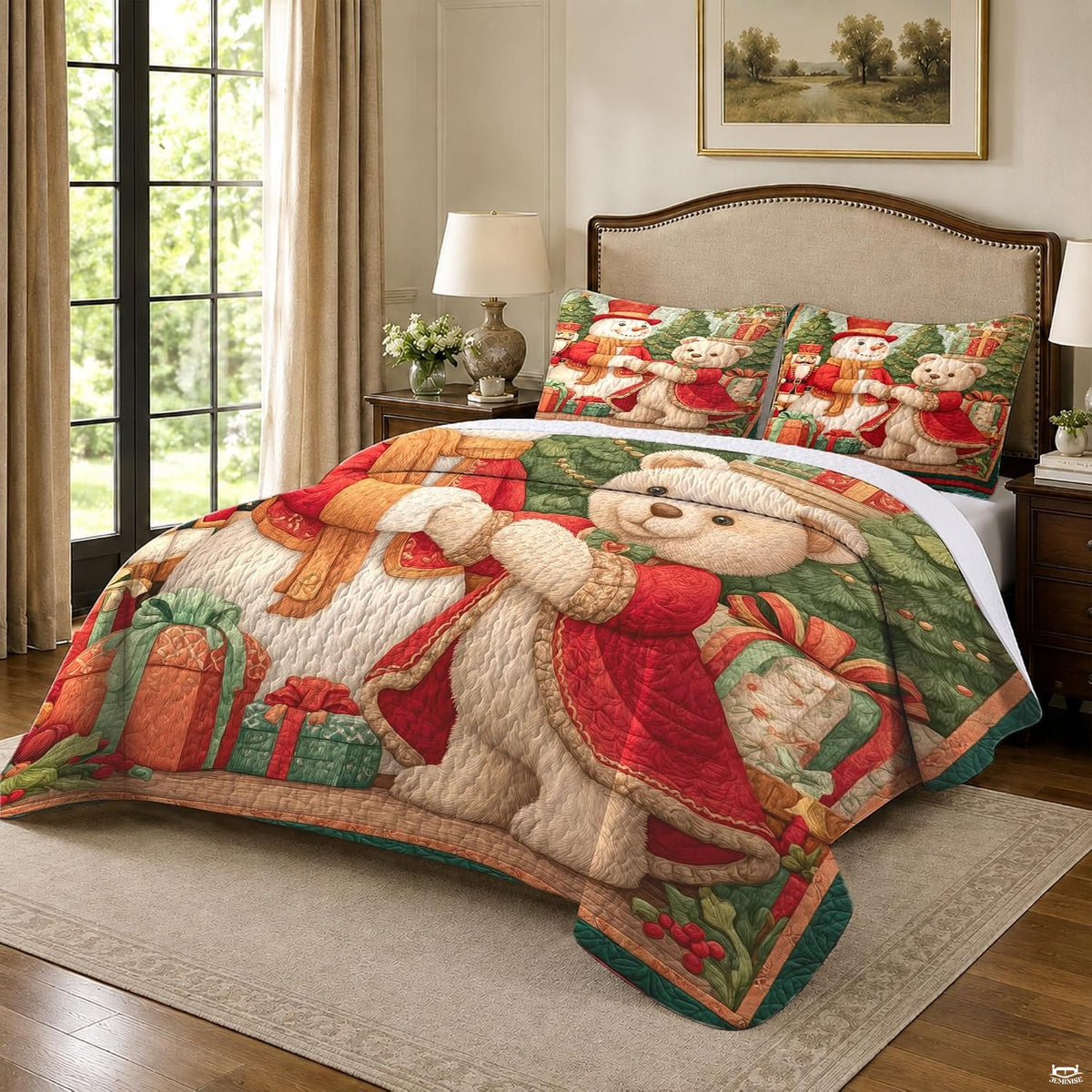Festive holiday teddy bear dressed in ornate red coat holding hands with a cheerful snowman.