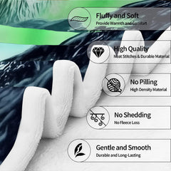 Close-up perspective of printed edge and white reverse lining beside product feature icons.