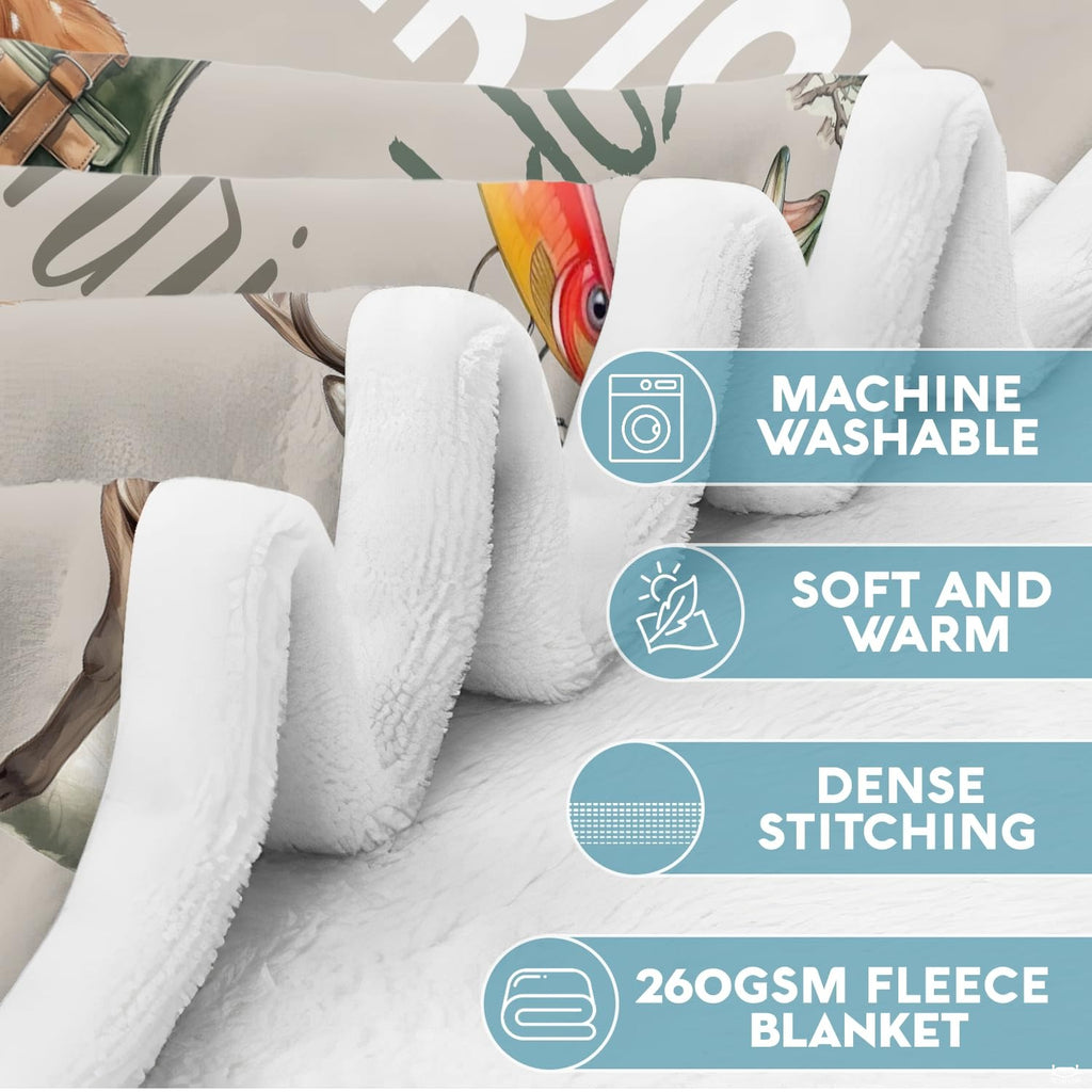 Cabin bedroom styled with neutral tan fishing theme bedding set and wilderness prints.