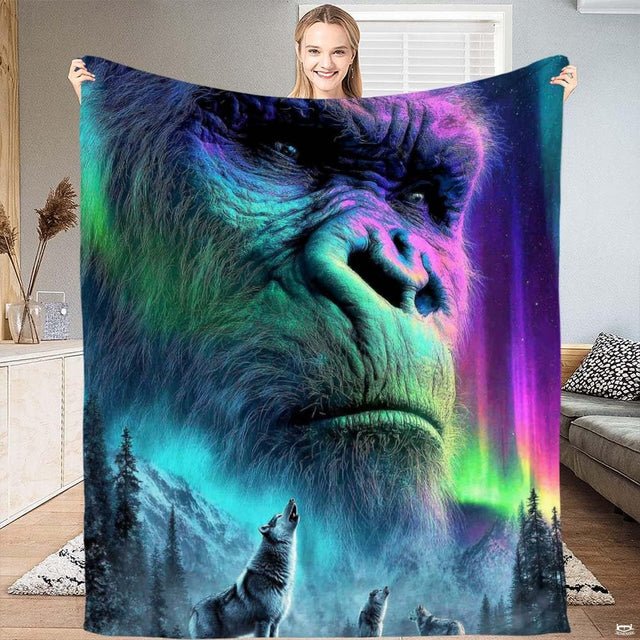 Sasquatch mountain guardian aurora wolves throw blanket showing cryptid portrait with howling wolves under northern lights