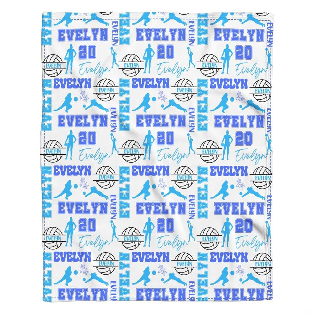 Girl sports bedding set displaying blue volleyball silhouettes and stars on white.