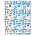 Girl sports bedding set displaying blue volleyball silhouettes and stars on white.