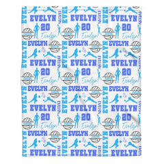 Girl sports bedding set displaying blue volleyball silhouettes and stars on white.