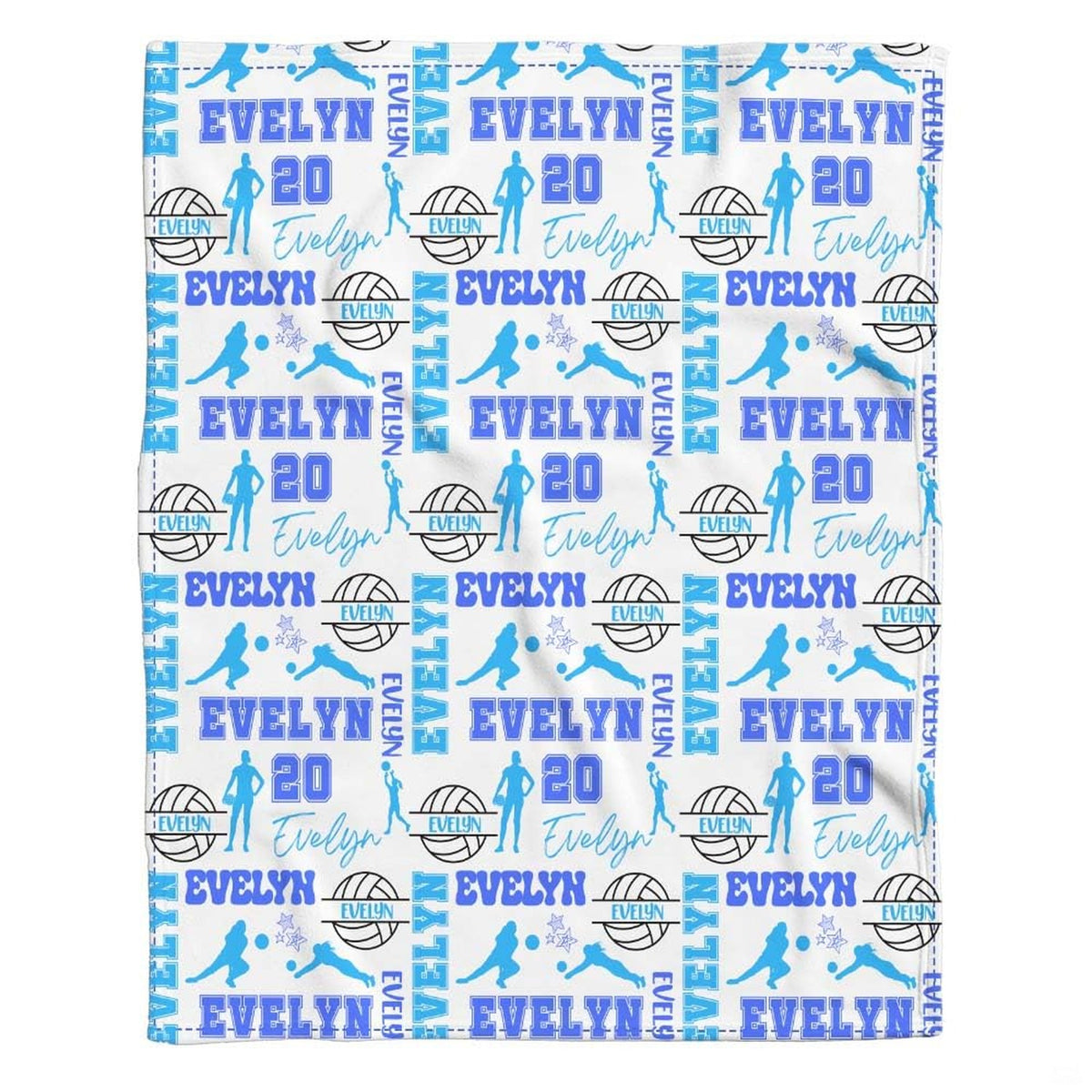Girl sports bedding set displaying blue volleyball silhouettes and stars on white.