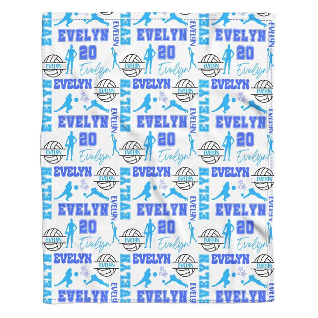 Girl sports bedding set displaying blue volleyball silhouettes and stars on white.