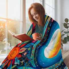 Psychedelic celestial moon throw blanket styled in a peaceful reading corner by a bright sunlit window