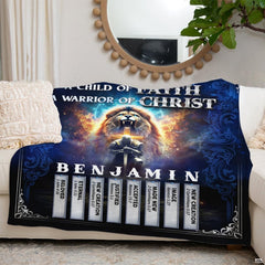 Heroic lion and knight blanket displayed across modern bed