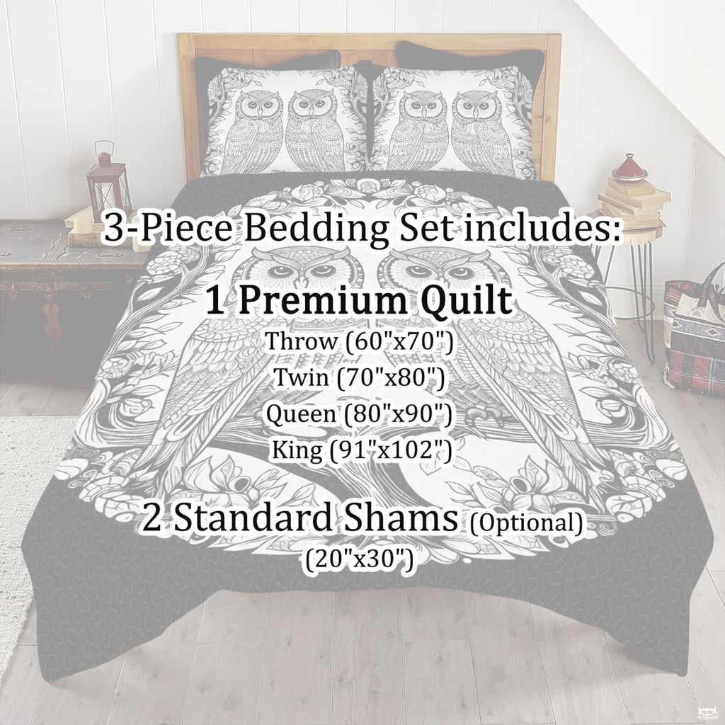 Full bedroom display of arctic owl bedding styled with peaceful neutral decor and winter accents