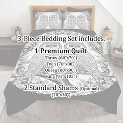 Full bedroom display of arctic owl bedding styled with peaceful neutral decor and winter accents