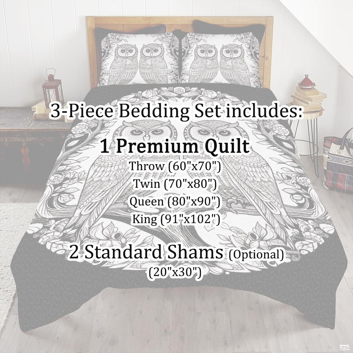 Full bedroom display of arctic owl bedding styled with peaceful neutral decor and winter accents