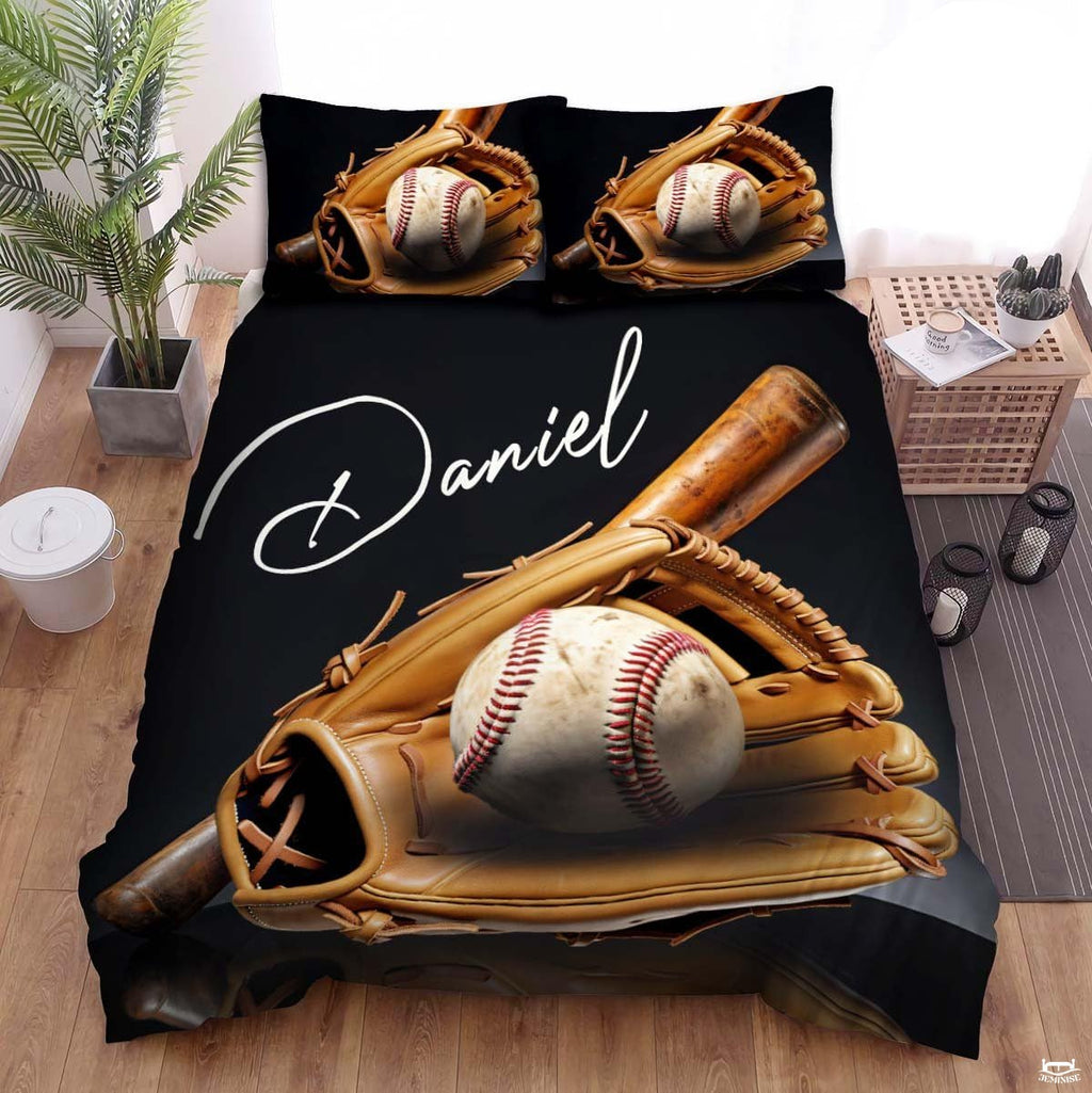 Personalized Baseball Bedding Full Size Flag Custom Name Duvet Cover Set Sport Decor Sports Comforter Bed Set (Baseball & Gloves Series 1)