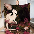 White and black dragons facing each other on stacked antique books with pink peonies throw blanket