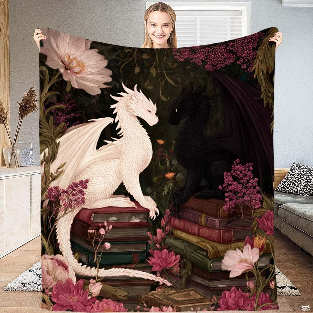 White and black dragons facing each other on stacked antique books with pink peonies throw blanket