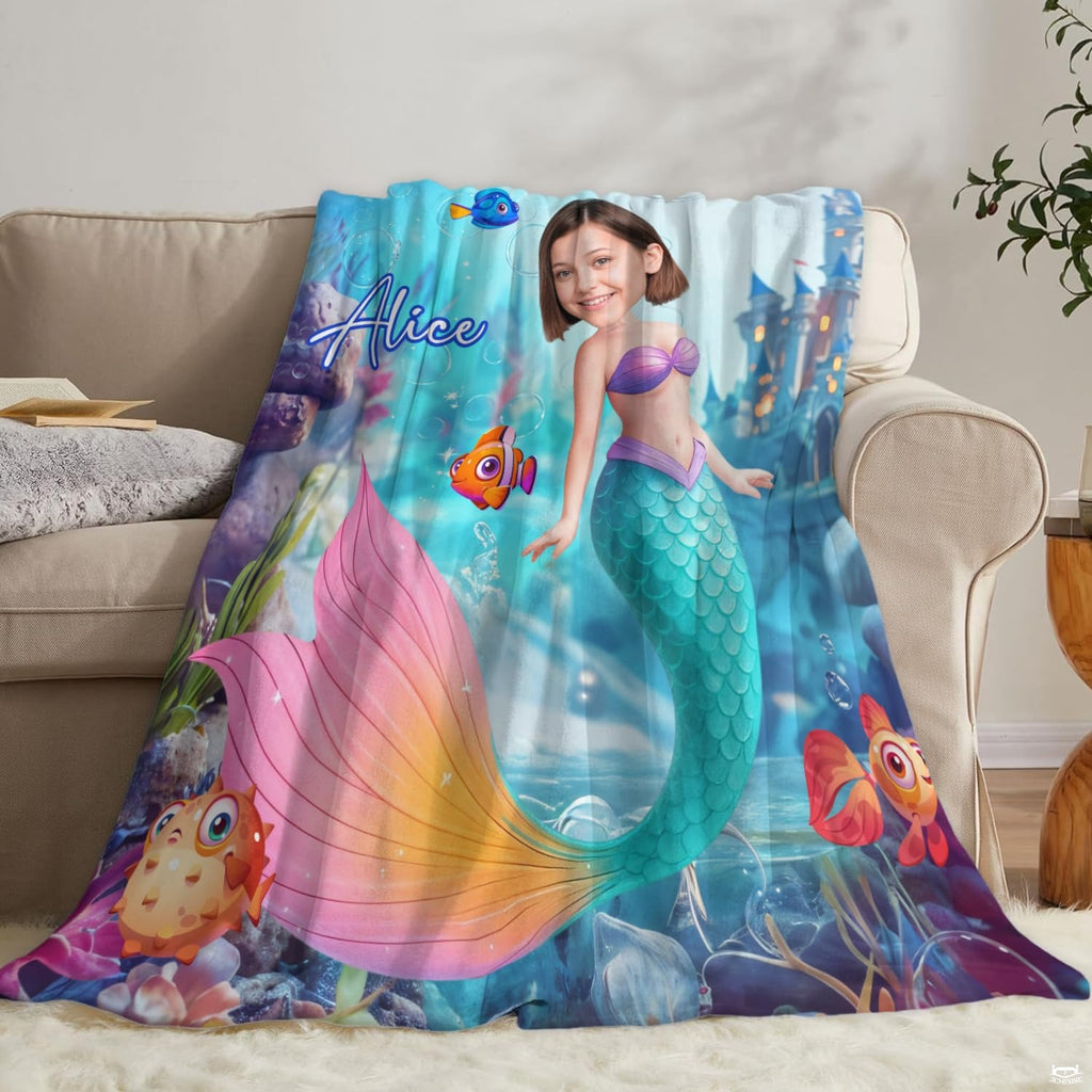 Underwater fairytale mermaid artwork blanket edge stitching detail