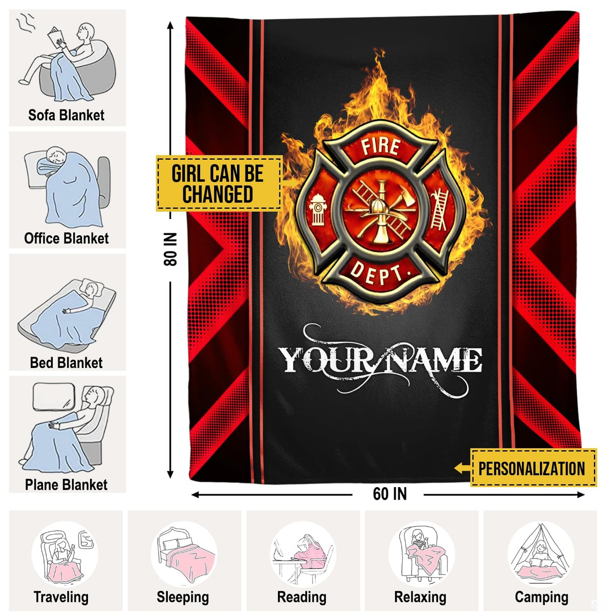 Overhead flat view of the fire rescue badge throw blanket displaying intense fiery glow against dark background