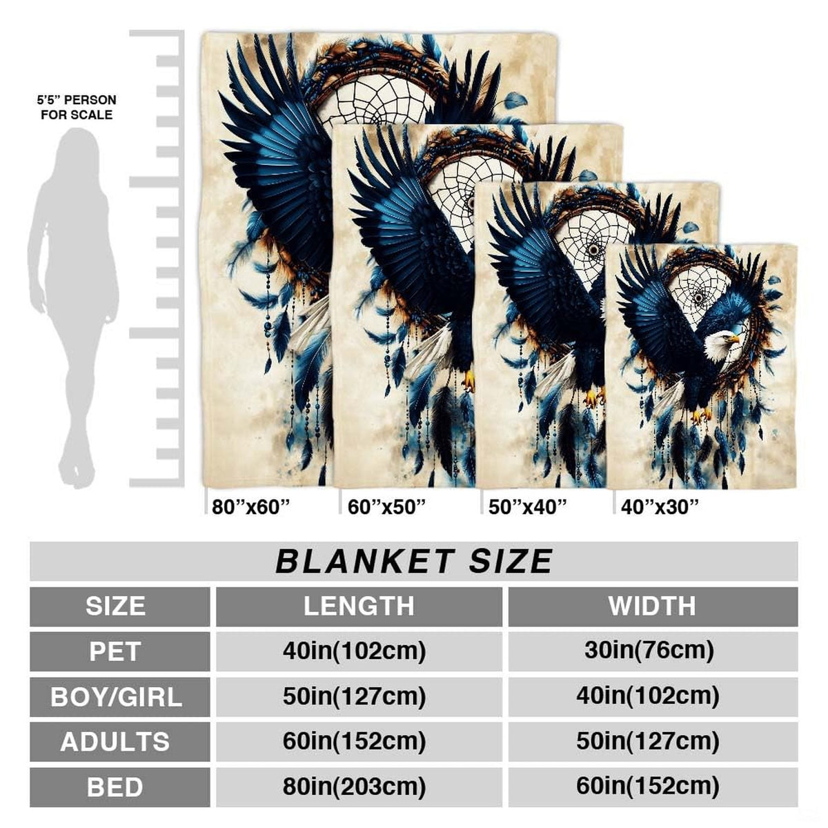 Bald eagle dreamcatcher throw blanket view 4 highlighting eagle wings, beads, and hanging feathers