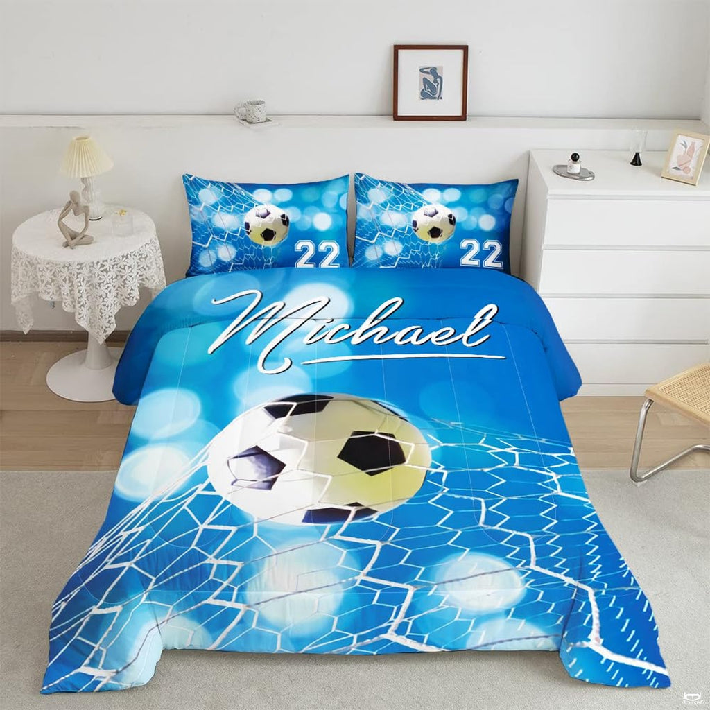 Blue bokeh soccer bedding displaying a soccer ball trapped in a white goal net against glowing blue light circles