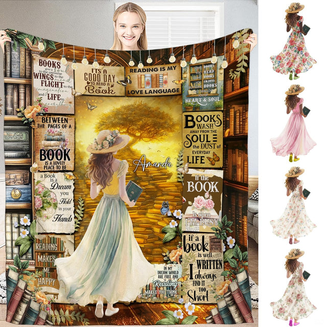 Magical book lover library throw blanket featuring a reader climbing a book staircase in a vintage library
