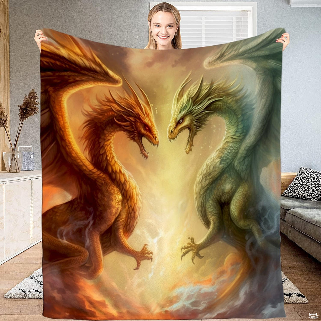 Frontal display view of red fire dragon and jade green dragon confronting each other in glowing skies.