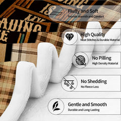 Detailed view of rustic plaid border and thematic accent golden tones on literary theme bedding set.