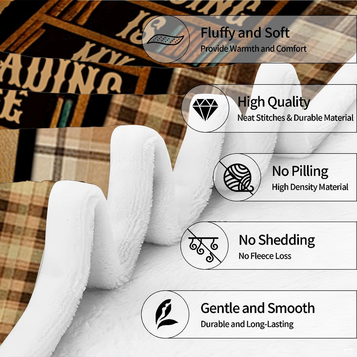 Detailed view of rustic plaid border and thematic accent golden tones on literary theme bedding set.