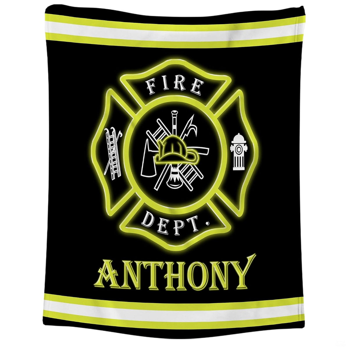 Close-up of the red Maltese cross badge displaying firefighter helmet, ladder, axe, and hydrant icons on a blanket