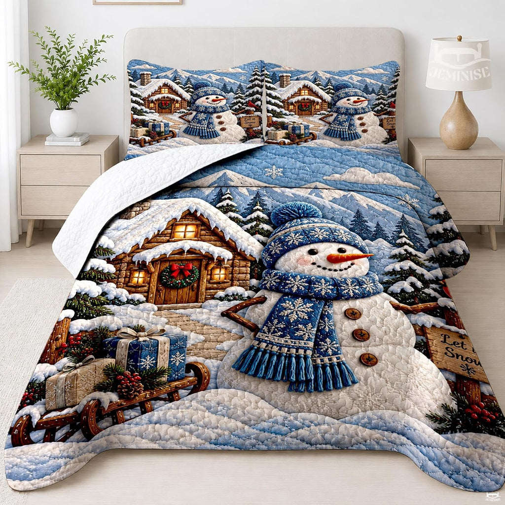 Festive winter bedding ensemble arranged in a rustic holiday bedroom with snowy alpine landscape motifs.