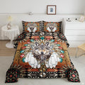 Geometric wolf bedding mockup with feather fan, white bundles, beads, and medallions