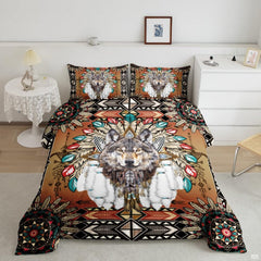 Geometric wolf bedding mockup with feather fan, white bundles, beads, and medallions