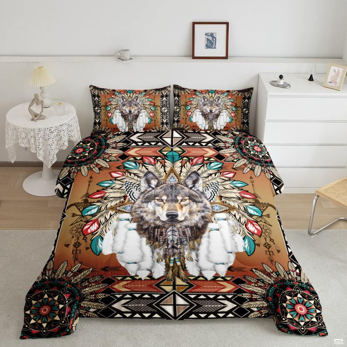 Geometric wolf bedding mockup with feather fan, white bundles, beads, and medallions